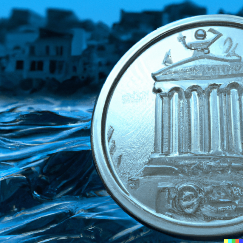 DALL·E 2023-08-15 09.27.58 - a 3d rendered image of a greek coin in blue tones with waves and a greek city surrounding it